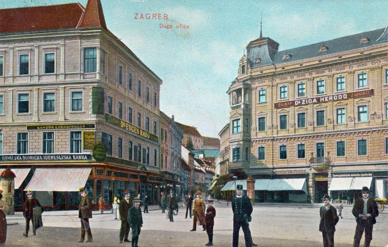 Duga ulica (današnja ulica Pavla Radića) oko 1905. godine, pogled s Trga bana Jelačića